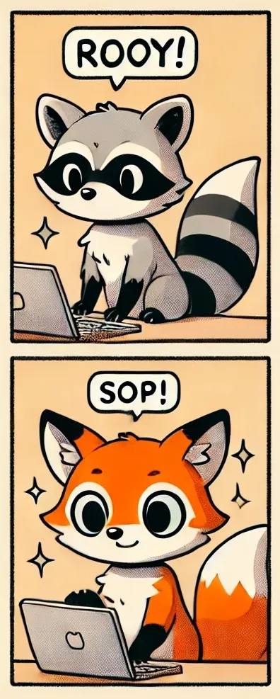 An illustration of a Fox and Raccoon typing to each other